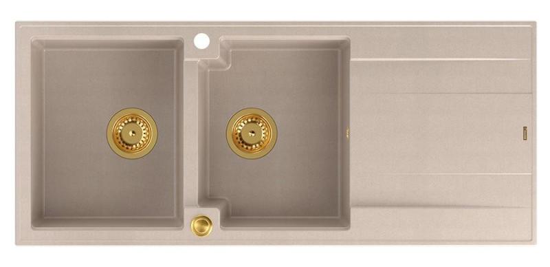 Quadri Luton nadgradnja dvojnega granitnega pomivalnega korita pearl beige z odcejalnikom 116x50 cm z zlatim čepom 1208971809