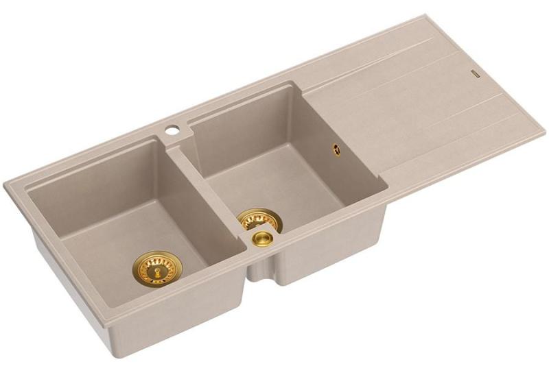 Quadri Luton nadgradnja dvojnega granitnega pomivalnega korita pearl beige z odcejalnikom 116x50 cm z zlatim čepom 1208971809