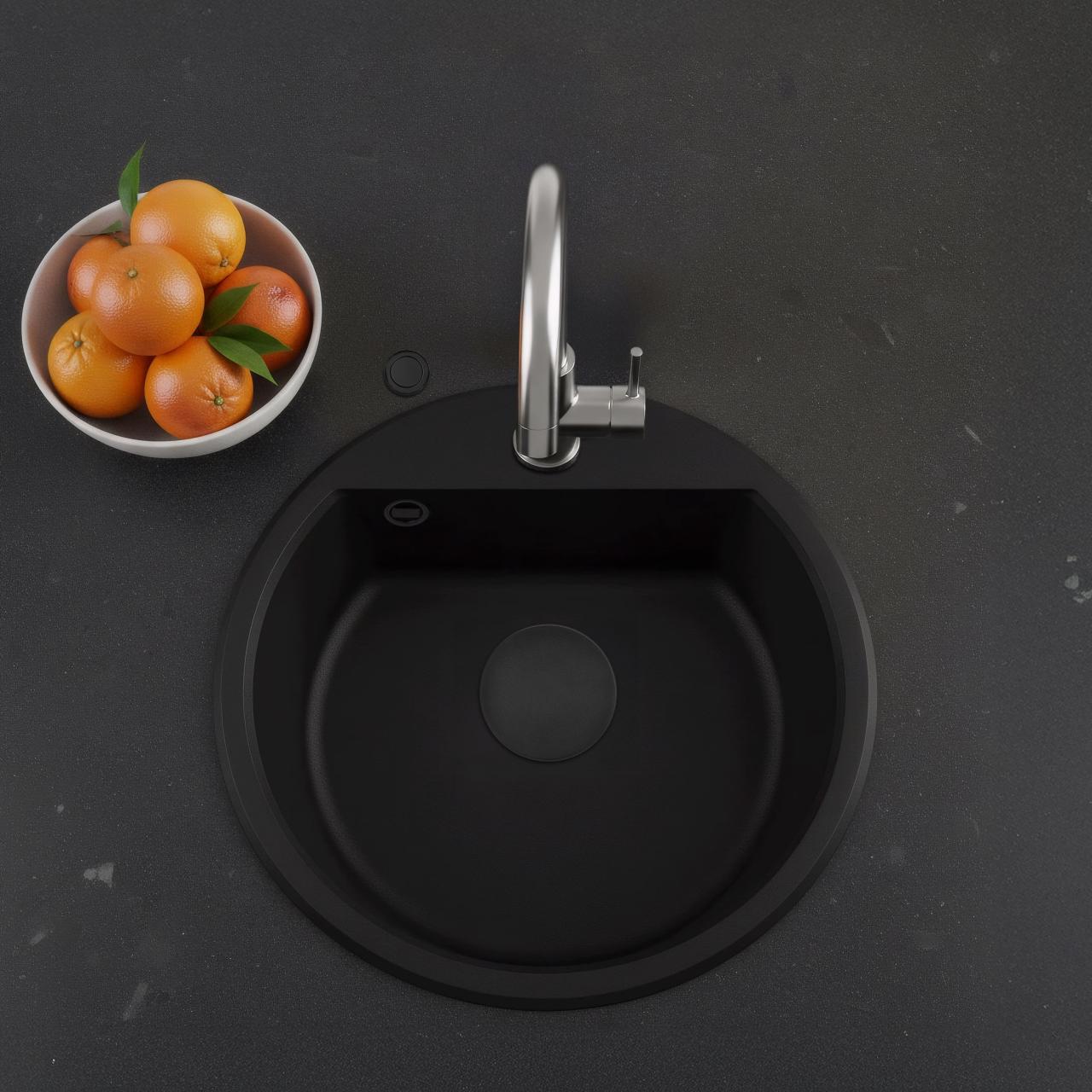 GraniteMy Bremen okroglo granitno pomivalno korito 43 cm, črno, nadgradnja in podgradnja, z luknjo za pipo in avtomatskim črnim zamaškom 1208971839