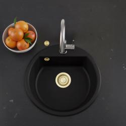 GraniteMy Bremen okroglo granitno pomivalno korito 43 cm, črno, za vgradnjo in podgradnjo, z odprtino za pipo in avtomatskim zlatim čepom 1208971843