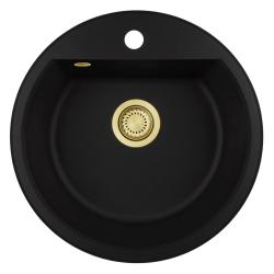 GraniteMy Bremen okroglo granitno pomivalno korito 43 cm, črno, za vgradnjo in podgradnjo, z odprtino za pipo in avtomatskim zlatim čepom 1208971843