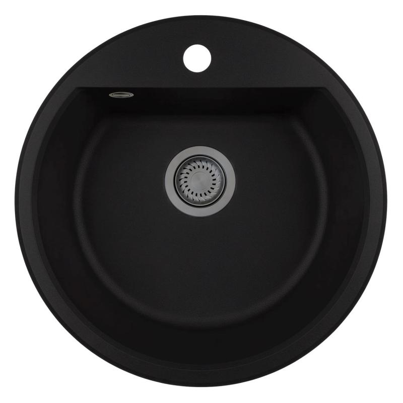 GraniteMy Bremen okroglo granitno pomivalno korito 43 cm črno, za vgradnjo in podgradnjo, z luknjo za pipo in avtomatskim čepom iz kovine v barvi topovega jekla 1208971844