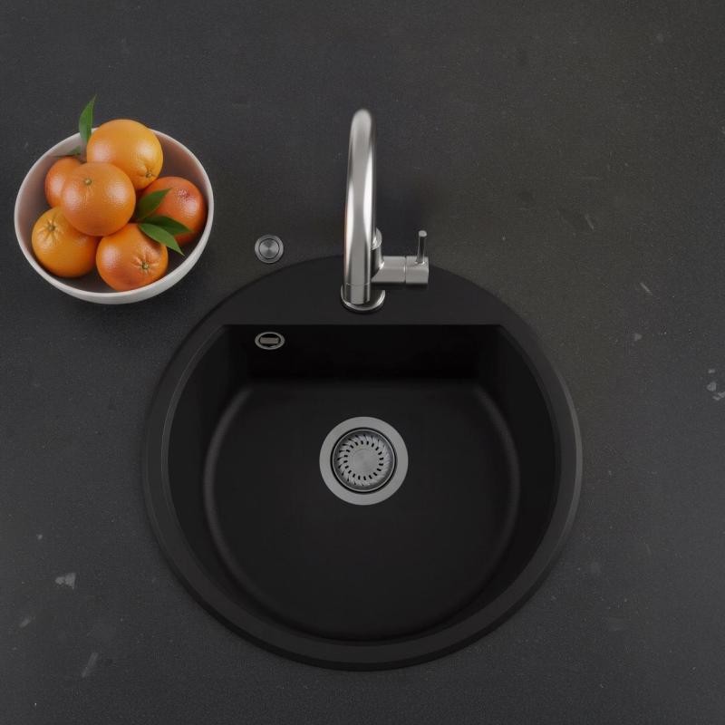 GraniteMy Bremen okroglo granitno pomivalno korito 43 cm črno, za vgradnjo in podgradnjo, z luknjo za pipo in avtomatskim čepom iz kovine v barvi topovega jekla 1208971844