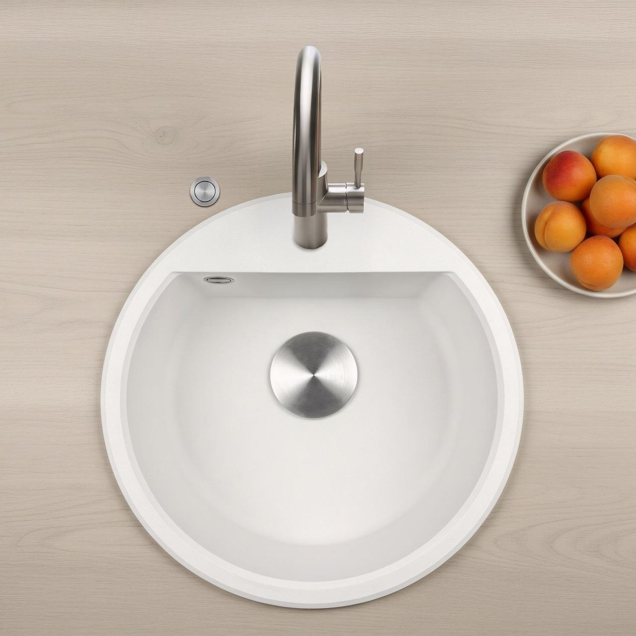 GraniteMy Bremen krožno granitno korito 43 cm belo, montaža na vrhu in spodaj, s kranjskim luknjakom in avtomatskim inox čepom 1208971845