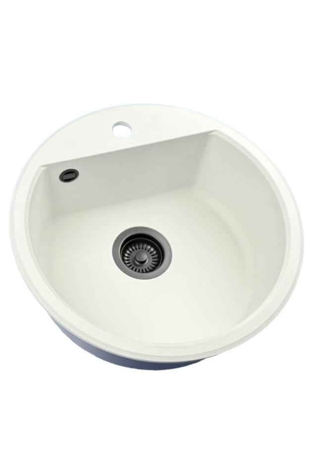 GraniteMy Bremen okroglo granitno pomivalno korito 43 cm belo, nadgradnja in podgradnja, z luknjo za pipe in avtomatskim črnim zamaškom 1208971846
