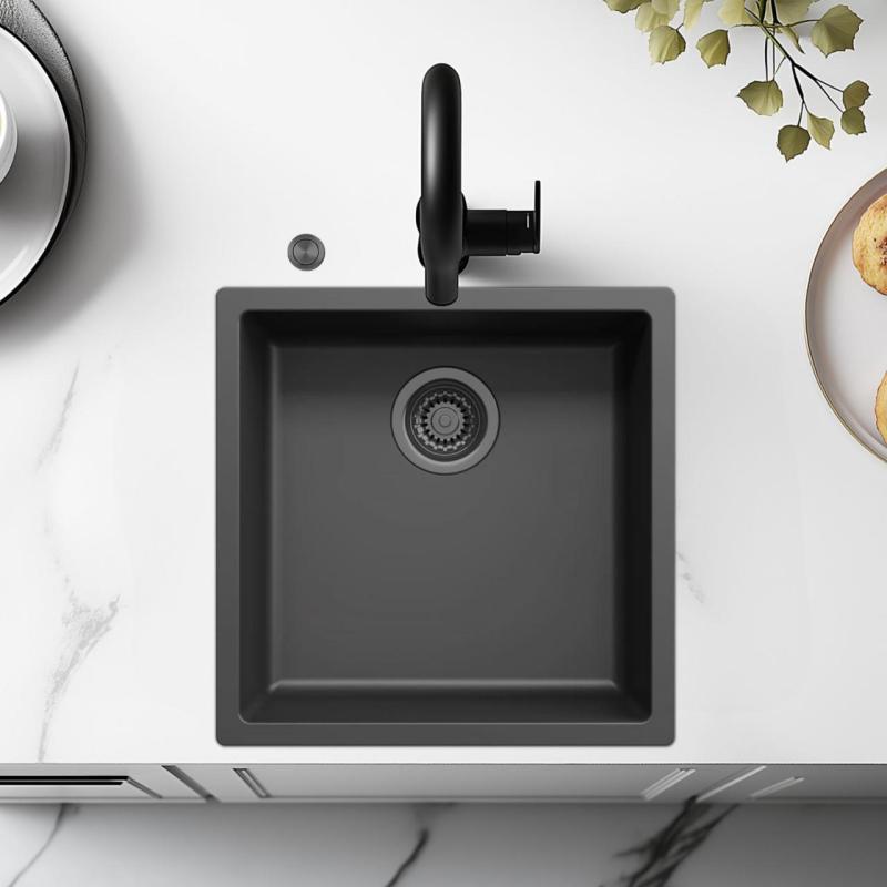 Ausmann Fiber črno pomivalno korito 40x40cm za podgradnjo, nadgradnjo in vgradnjo s samodejnim čepom iz kovine Gun Metal 1208971854