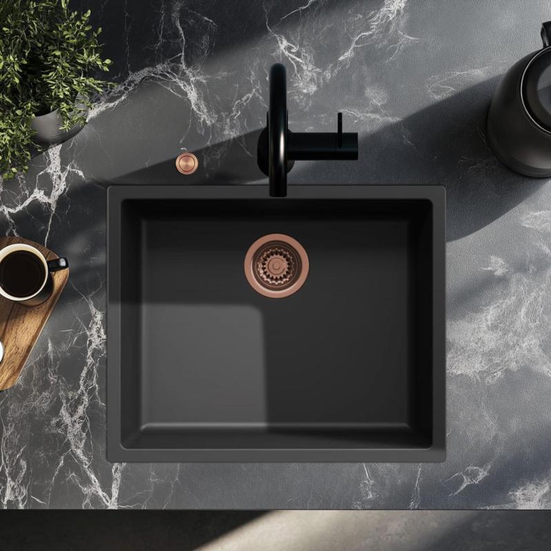 Ausmann Fibre črno pomivalno korito 50x40cm za podgradnjo, nadgradnjo in vgradnjo z avtomatskim bakrenim čepom 1208971858