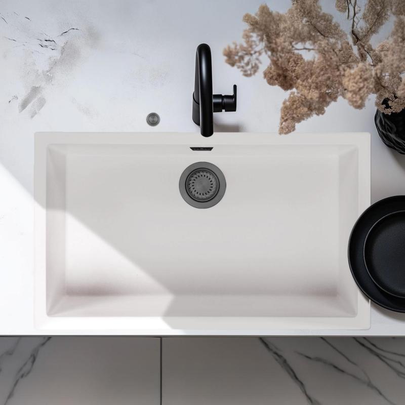 Ausmann Fiber bela velika pomivalna korita 70x40cm za vgradnjo, nadgradnjo in ravno vgradnjo z avtomatskim zamaškom iz topniške kovine 1208971908