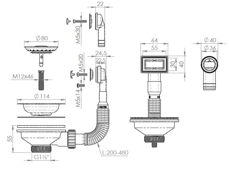 Pure.Sink Universal komplet košaric za odtok Zlato, komplet za odtok pomivalnega korita, vključno z odtokom okroglim in pravokotnim WSTMAN-60