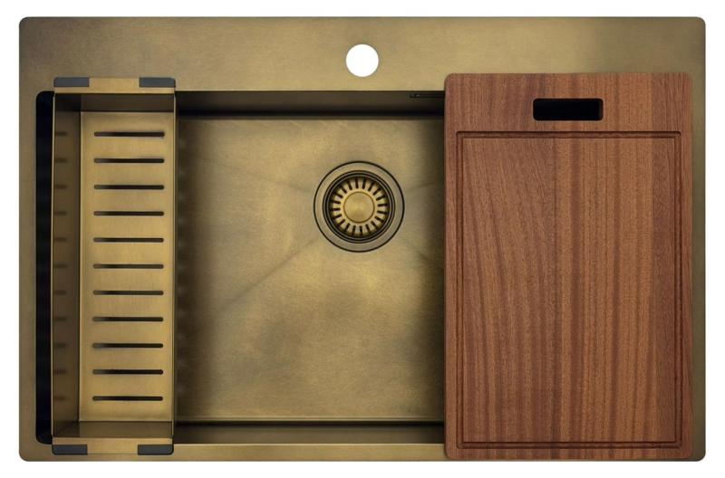 Pure.Sink Luxion Velika PVD antik bronasta pomivalna korita 78x50 cm Tapwing z odprtino za pipo in spodnjim predalom PLX7850T-64