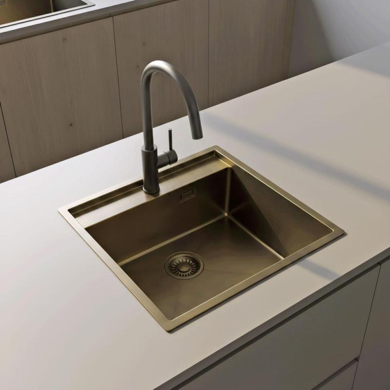 Pure.Sink Luxion PVD Antique Bronzen pomivalno korito 51x50 cm Tapwing z odprtino za pipo in spodnjim predalom PLX5150T-64