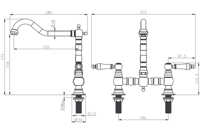 Aquanello Heritage Manor Klasična kuhinja – nostalgična kuhinjska pipa v bronasti barvi z belim ročajem BN-0010-HM