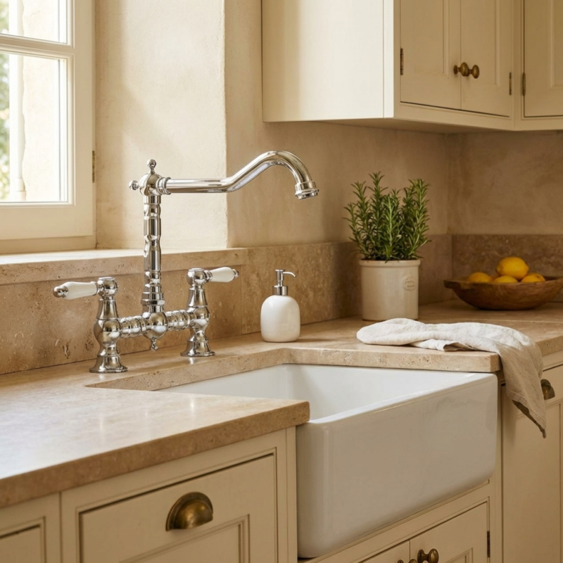 Aquanello Heritage Manor Klasična kuhinja Nostalgic Bridge Kuhinjska pipa krom z belim ročajem CR-0010-HM