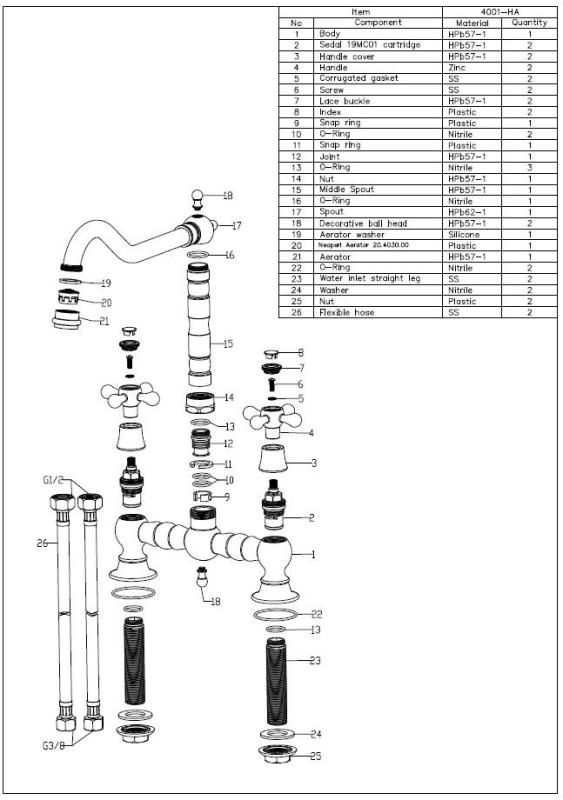 Aquanello Heritage Ascot Klasična kuhinjska pipa v nostalgijskem slogu z ročaji v obliki križa iz nerjavečega jekla NB-0011-HM