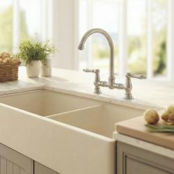 Aquanello Heritage Manor Klasična kuhinjska pipa v nostalgijskem slogu s kromiranim ohišjem, belim ročajem in okroglo izlivno glavo CR-0011-HM