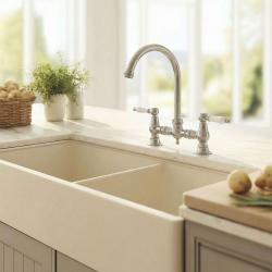 Aquanello Heritage Manor Klasična kuhinja Nostalgic Bridge Kuhinjska pipa iz nerjavečega jekla z belim ročajem in okroglim izlivom NB-0011-HM