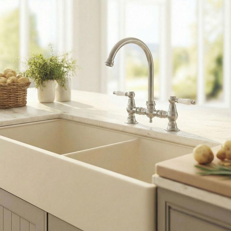 Aquanello Heritage Manor Klasična kuhinja Nostalgic Bridge Kuhinjska pipa iz nerjavečega jekla z belim ročajem in okroglim izlivom NB-0011-HM