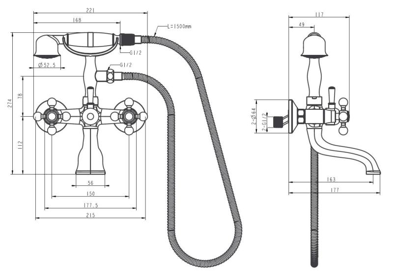 Aquanello Heritage Ascot Klasična kopalniška baterija s sterkljivimi gumbi, bronasta, vključno z ročno tuš kabino BN-3002-HA