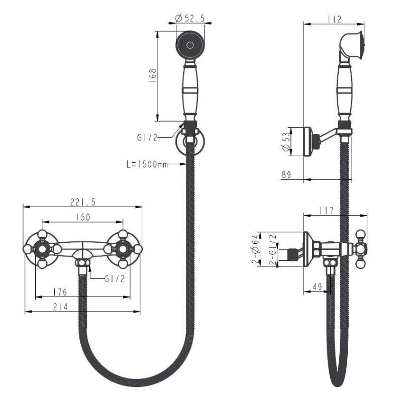 Aquanello Heritage Ascot Klasični set tuš pipe z močnimi gumbi iz brona, vključno z ročno tuš kabino BN-2002-HA