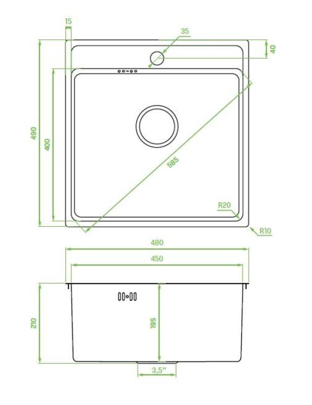 Aquadesign Plana Nerjaveče jeklo Nadgradnja Pomivalno korito 48x49 cm z odprtino za pipo, vključno s sifonom in Clickclack odtočnim čepom 1208972559