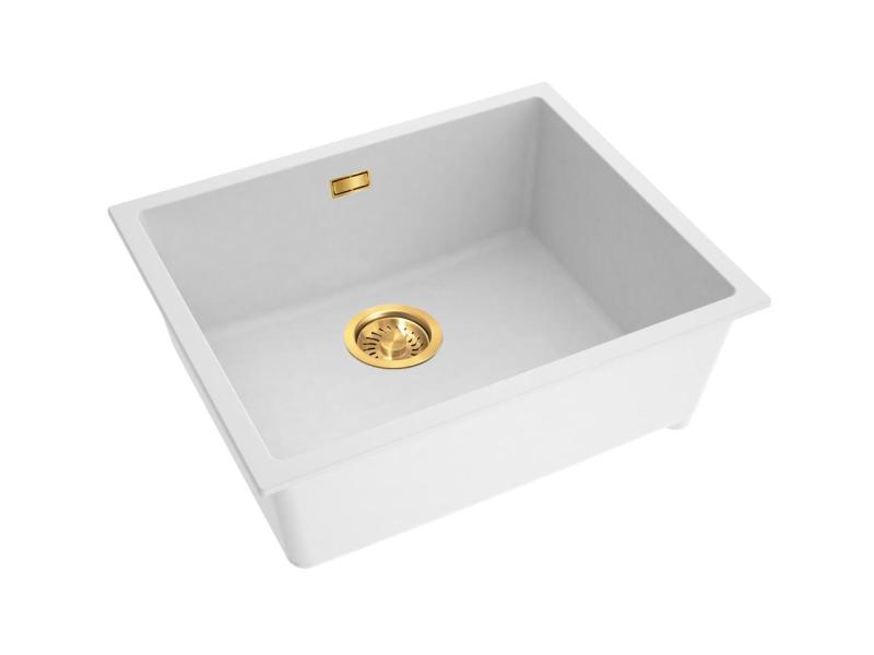 Pure.Sink Eternal Kvarčni beli pomivalni korit 50 x 40 cm, za vgradnjo pod pultom in nad pultom, z zlato zamaško