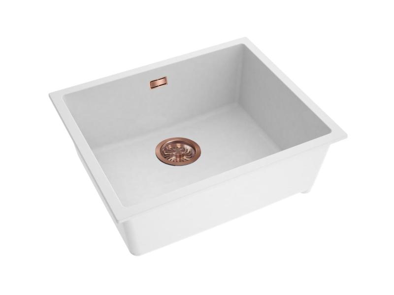 Pure.Sink Eternal Kvarčni beli pomivalni korit 50 x 40 cm, za vgradnjo pod pultom in nad pultom, z bakrenim zamaškom