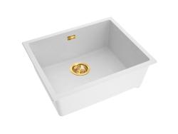 Pure.Sink Eternal Kvarčni beli pomivalni korit 50 x 40 cm, za vgradnjo pod pultom in nad pultom, z avtomatskim zlatim zamaškom