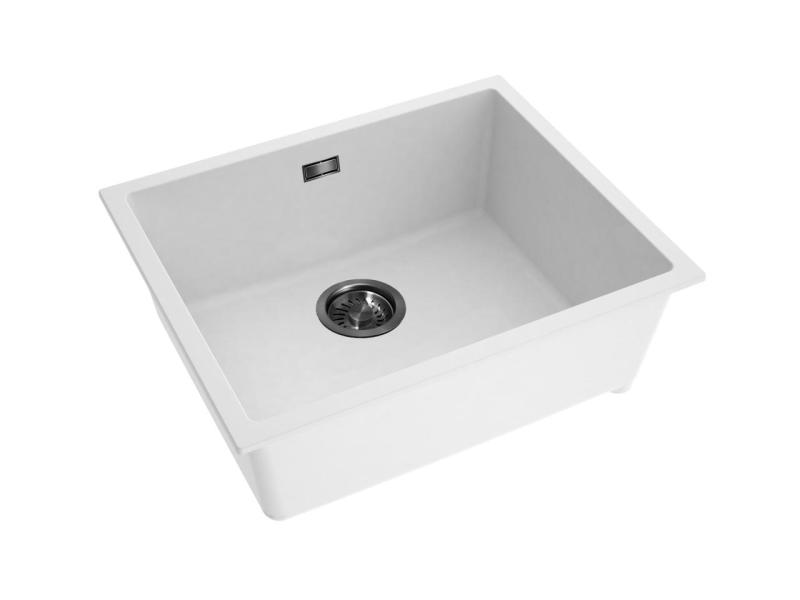 Pure.Sink Eternal Kvarčni beli pomivalni korit 50 x 40 cm, za vgradnjo pod pultom in nad pultom, z avtomatskim sivo-črnim zamaškom