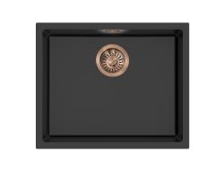 Pure.Sink Eternal Kvarčni črn umivalnik 50 x 40 cm za vgradnjo v ravno površino in podgradnjo s bakrenim zamaškom