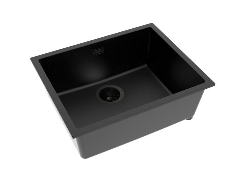 Pure.Sink Eternal Kvarčni črn umivalnik 50 x 40 cm za vgradnjo v ravno površino in podgradnjo s črnim samodejnim zamaškom