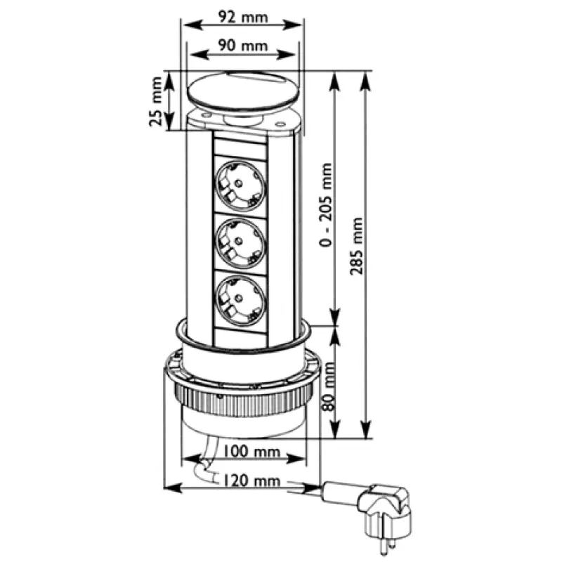 EVOline Port 3 Inklapbaar stopcontact met randaarde, zilveren deksel